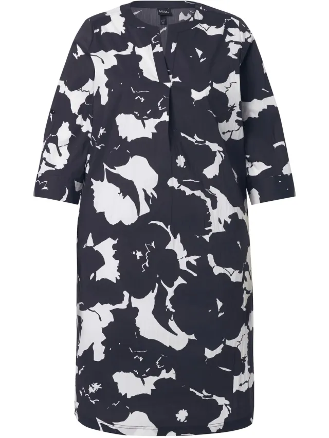 Ulla Popken Dames - Tuniekjurk bloemen tuniekhals 3/4-mouwen - Zwart - Maat 50+