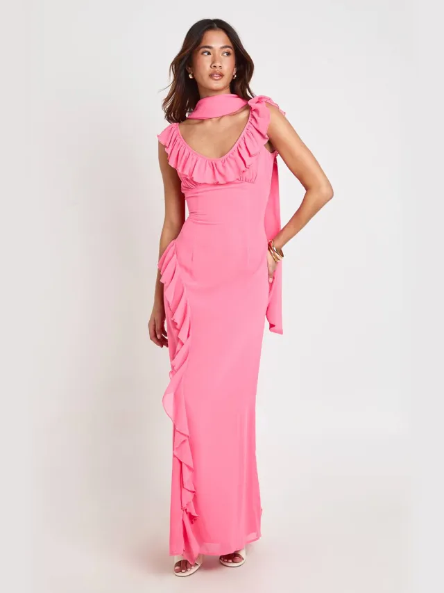 boohoo Dames Maxi Jurk Met Ruches En Sjaal Roze