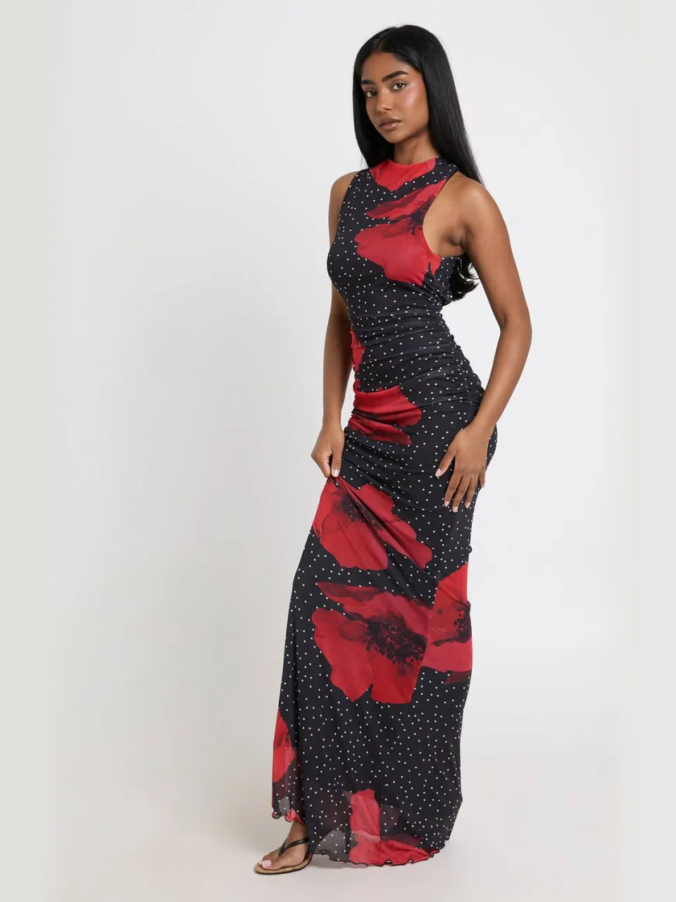 boohoo Dames Maxi Jurk Met Polkadot En Bloemenprint In Mesh Met Gekruiste Rugdetail zwart, foto 3