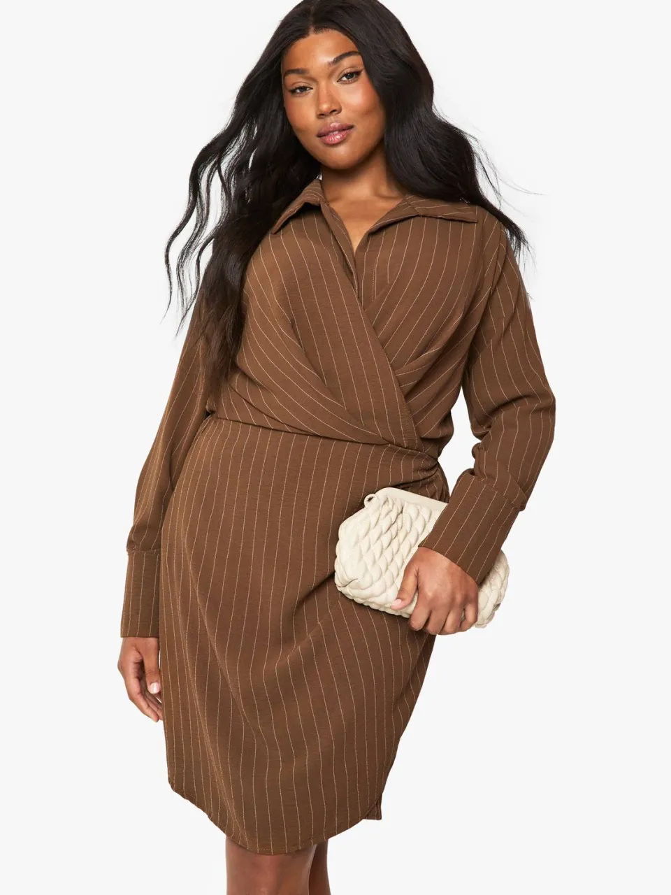 boohoo Dames Plus Linen Look Gestreepte Jurk mokka, foto 2