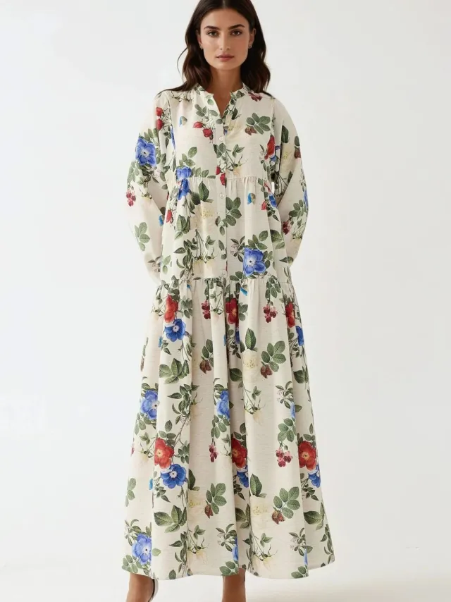 Hiccup Bloemen Linnen Voel Crew Neck Maxi Jurk Veelkleurig