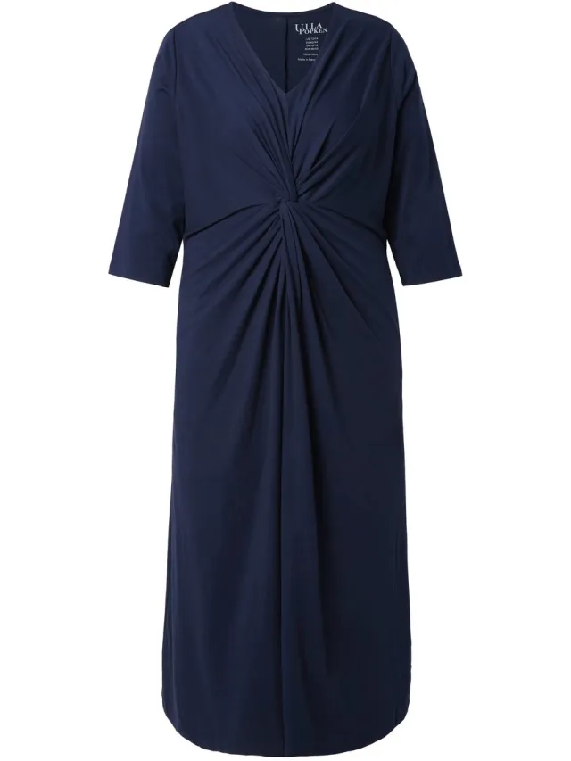 Ulla Popken Dames - Maxi-jurk gedrapeerd A-lijn V-hals 3/4-mouwen - Marine - Maat 66+
