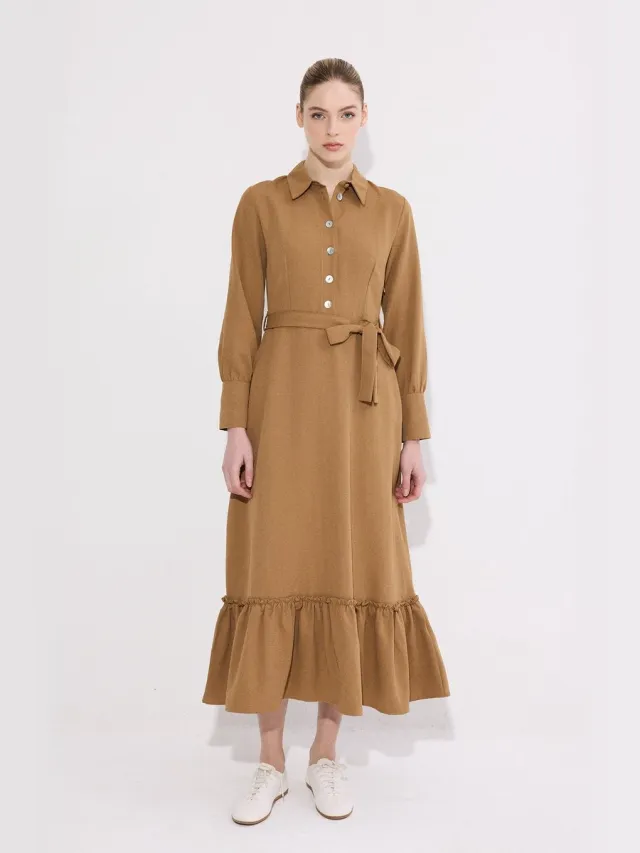 TOUCHÉ PRIVÉ Linnen jurk met riem - Camel - Dames