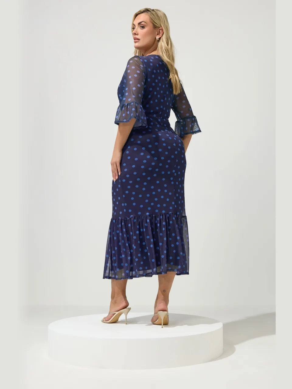 Yours London Marineblauwe Jurk Met Polkadots En Mesh, Gelaagd, foto 3