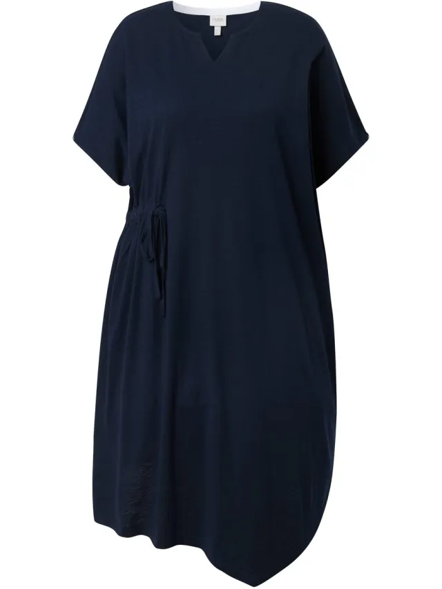 Ulla Popken Dames - Midi-jurk tuniekhals korte mouwen biologisch katoen - Marine - Maat 58+