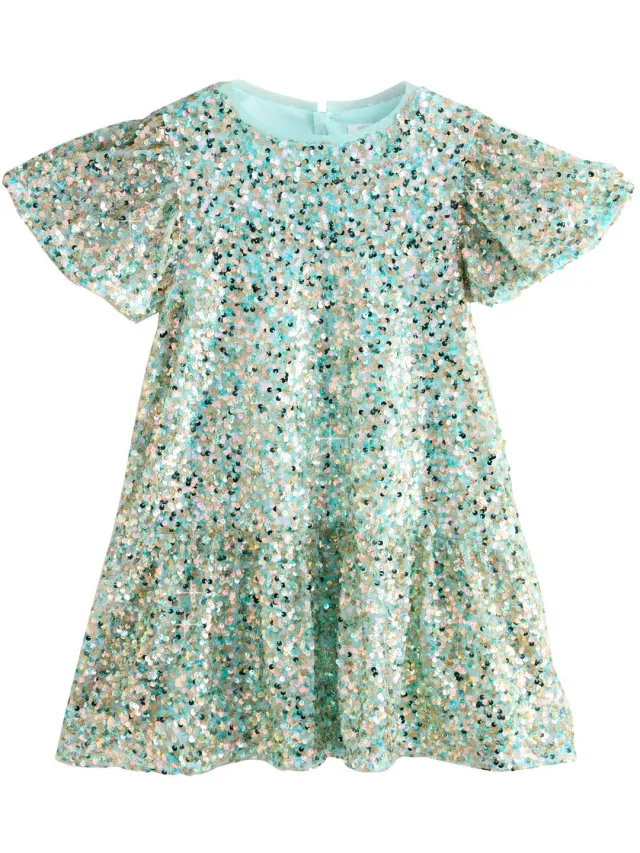 Next Meisjes - Feestjurk met peplum, lovertjes en wijde mouwen - Groen Mint Green