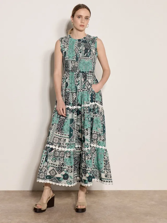 Apricot Patchwork sjaal, gesmokte katoenen maxi-jurk Teal