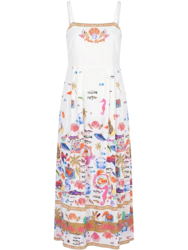 Angel of Style Dames - Midi-jurk A-lijn bonte kleurenpatronen spaghettibandjes - Sneeuwwit