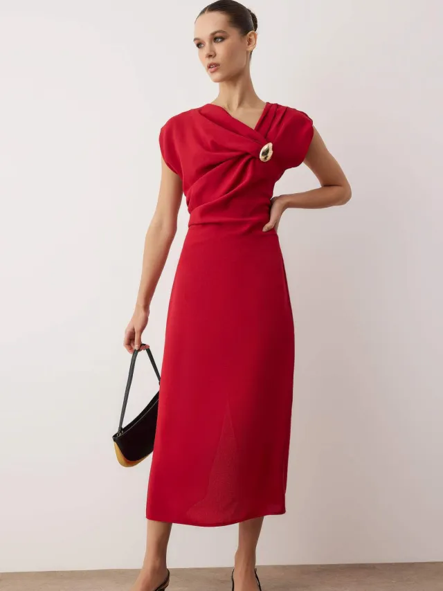 Trendyol TRENDYOLMİLLA Dames Rood Effen Midi Kort Avond / Dagelijks Recht Jurken