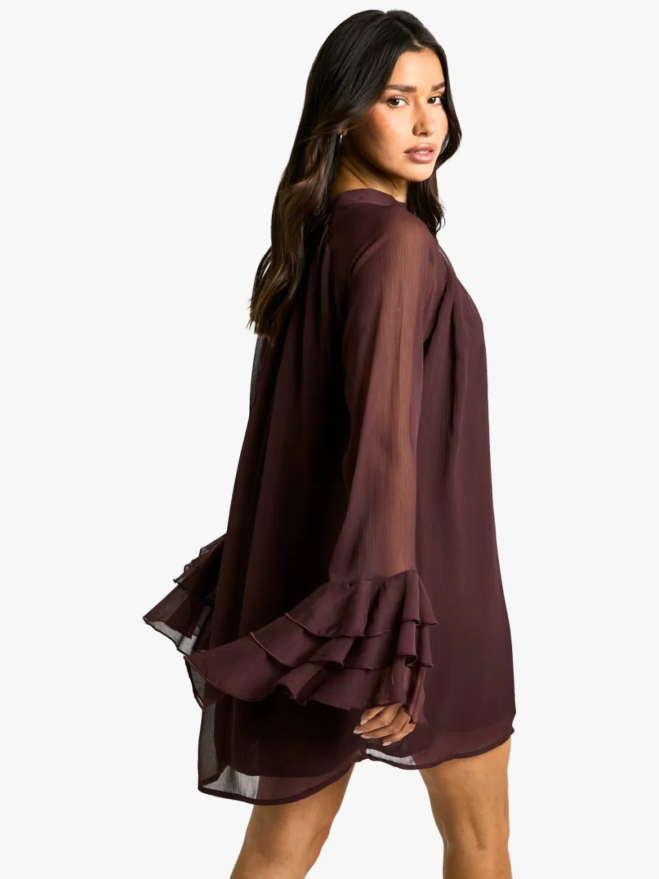 boohoo Dames Tall High Neck Volume Sleeve Chiffon Smock Dress pruim, foto 2