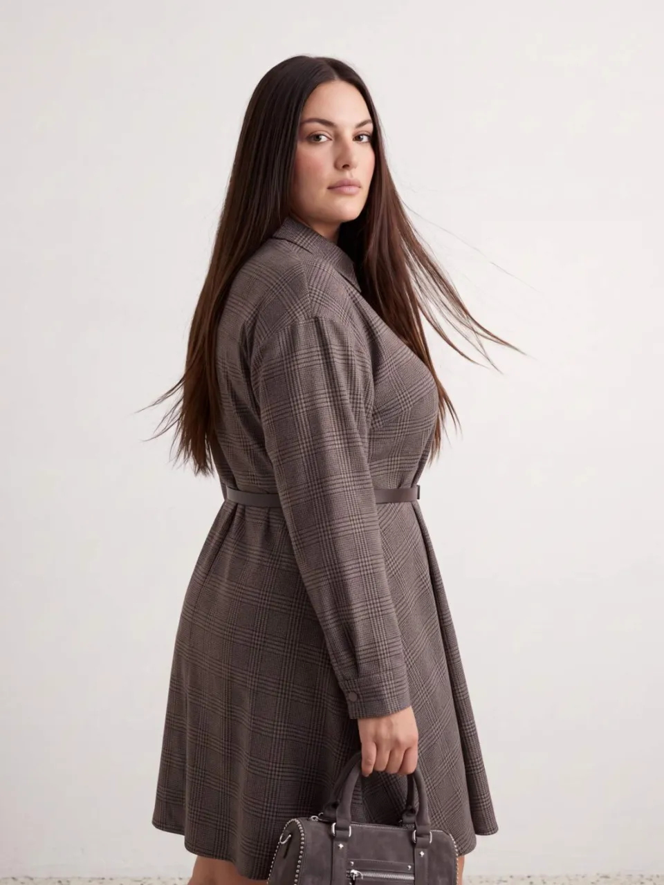 Trendyol Curve Dames Bruin Geruit Kort / Mini Lang A-lijn Grote maten Jurk, foto 2