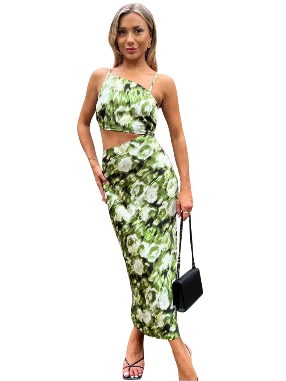 AX Paris Dames Bloemige Asymmetrische Cut Out Midi Jurk (Groen)