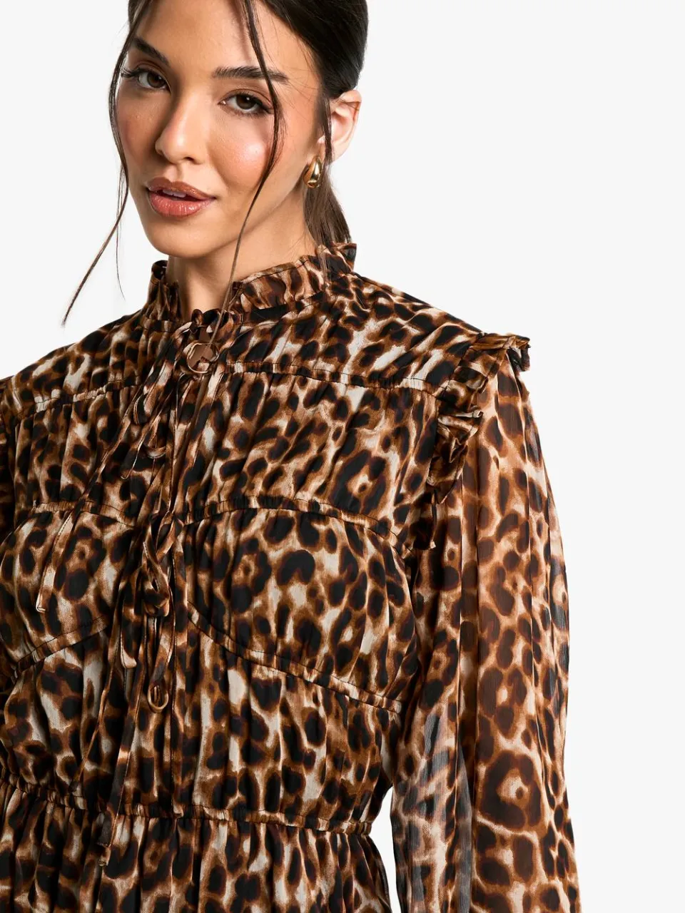 boohoo Dames Leopard Tie Chiffon Smock Jurk bruin, foto 4