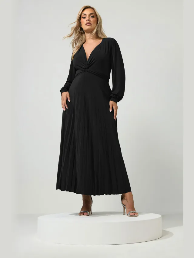 Yours London Zwarte Geplooide Maxijurk Met Knoop Black