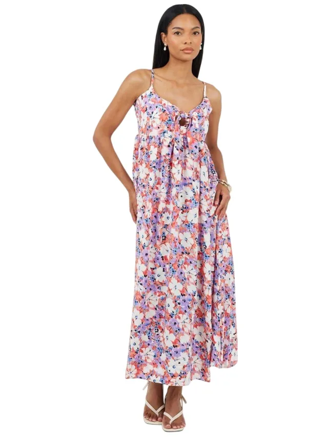 Brave Soul Maxijurk met spaghettibandjes en bloemenprint voor dames (Koraal/paars)