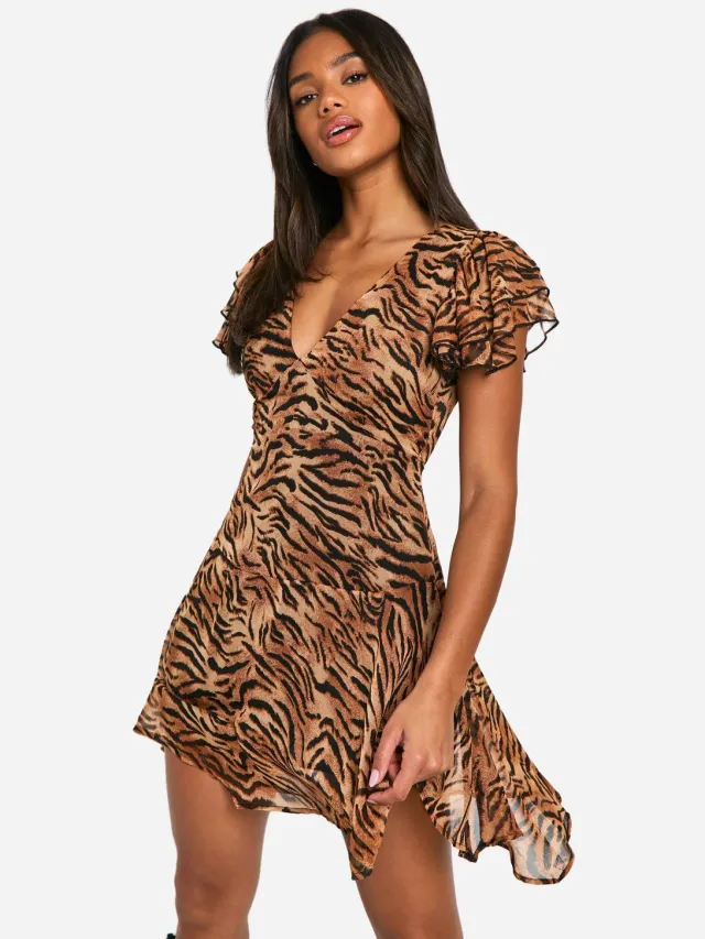 boohoo Dames Printed Gekreukte Chiffon Angel Mini Jurk Bruin