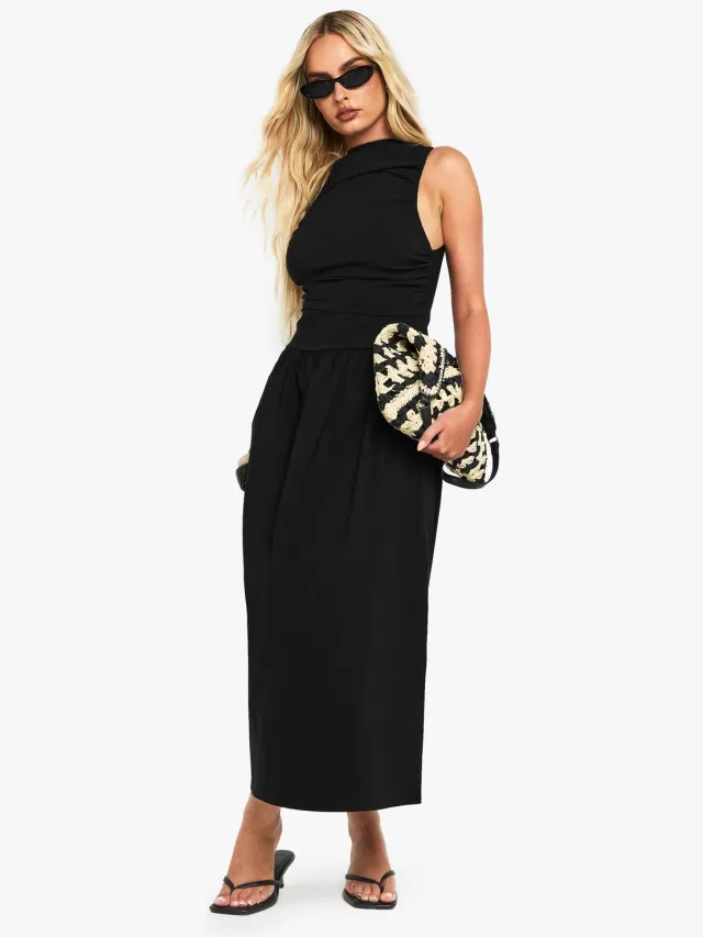 boohoo Dames Gerafelde drop-waist mouwloze midaxi jurk Zwart