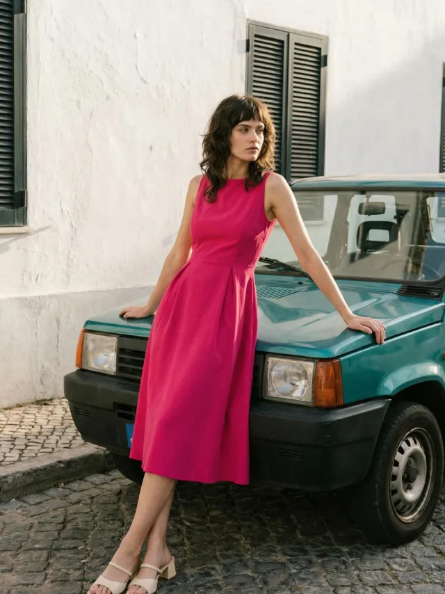 Trendyol TRENDYOLMİLLA Dames Roze Effen Midi Mouwloos Zakelijk Skater Jurken Fuchsia