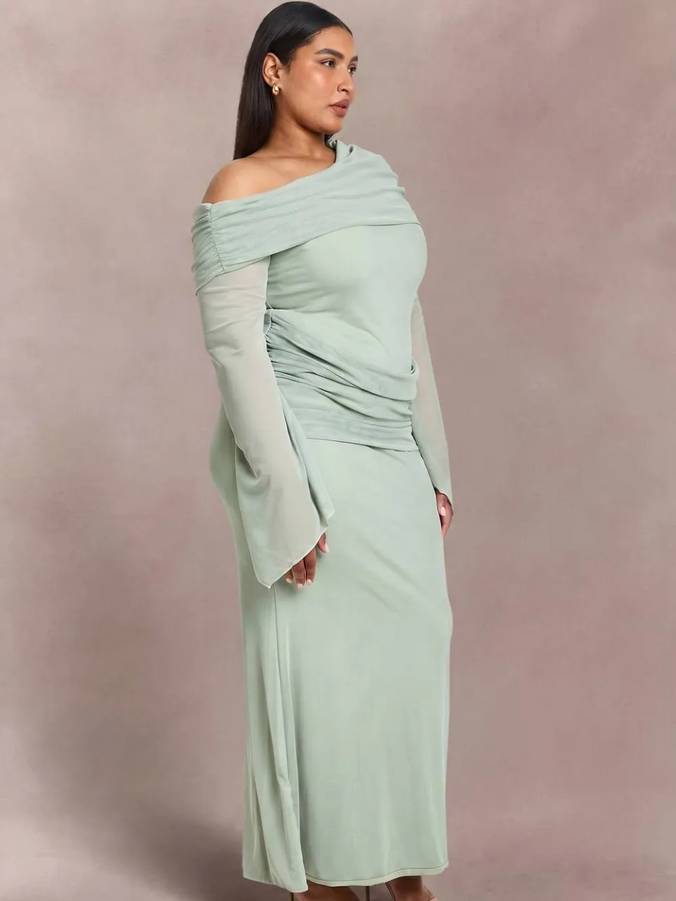 boohoo Dames Plus Mesh Bardot Jurk Met Drapering Detail Maxi verstandig, foto 2