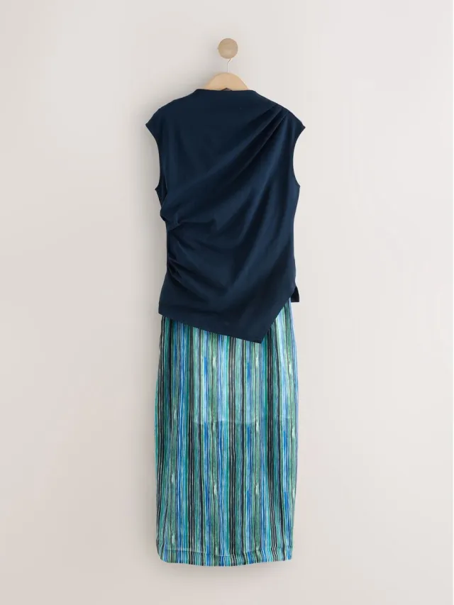 Next Dames - 2-in-1 midi-jurk met doorschijnende rok - Blauw Blue Stripe