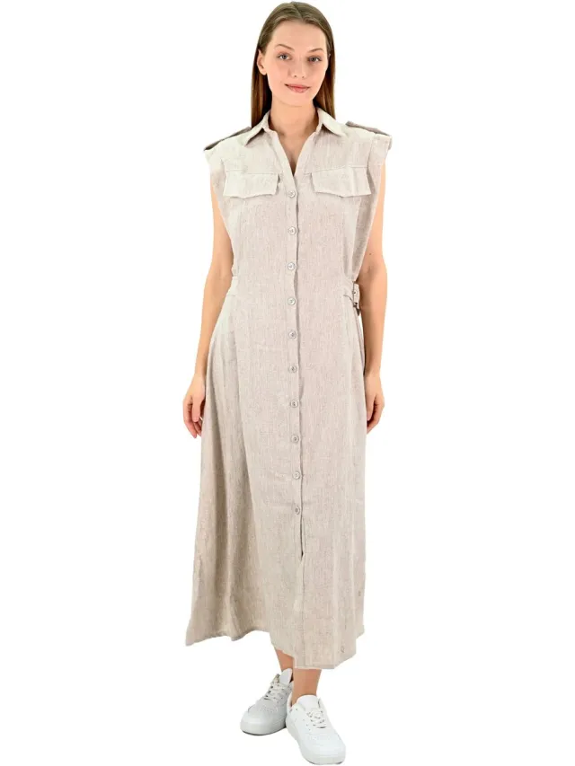 YESMOOI LINEN BLEND MIDI DRESS - L (40) Beige