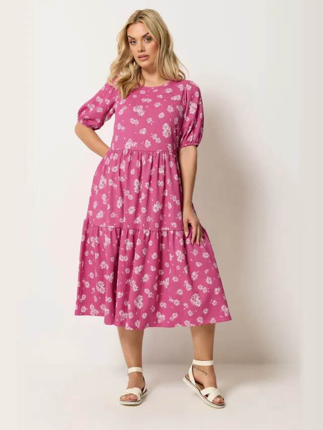 Yours Roze Gelaagde Jurk Met Madeliefjes-64 Pink