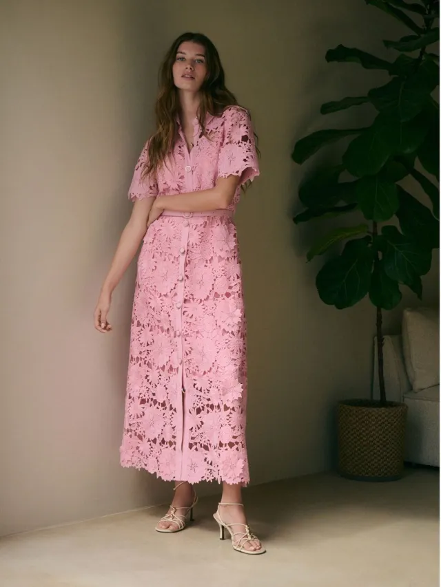 Next Dames - Midi-overhemdjurk met korte mouwen en kant voor speciale gelegenheden - Roze Pink