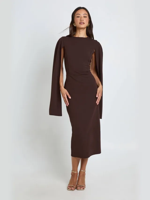 boohoo Dames Lange Midi Bodycon Jurk Met Cape Mouwen Chocoladebruin