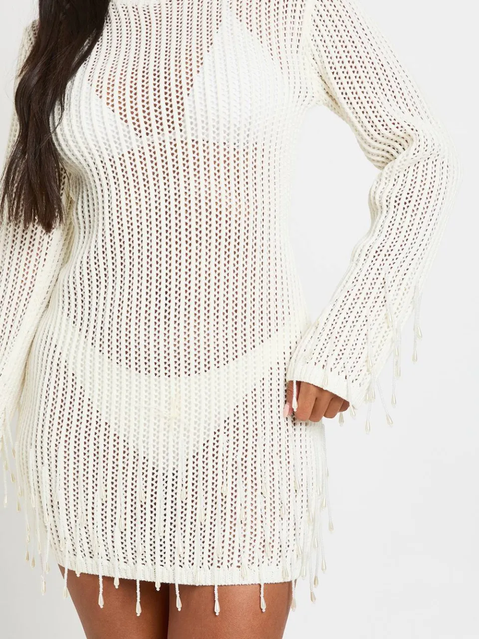 boohoo Dames Gehaakte Gebreide Mini-jurk Met Kralenzoom ecru, foto 4