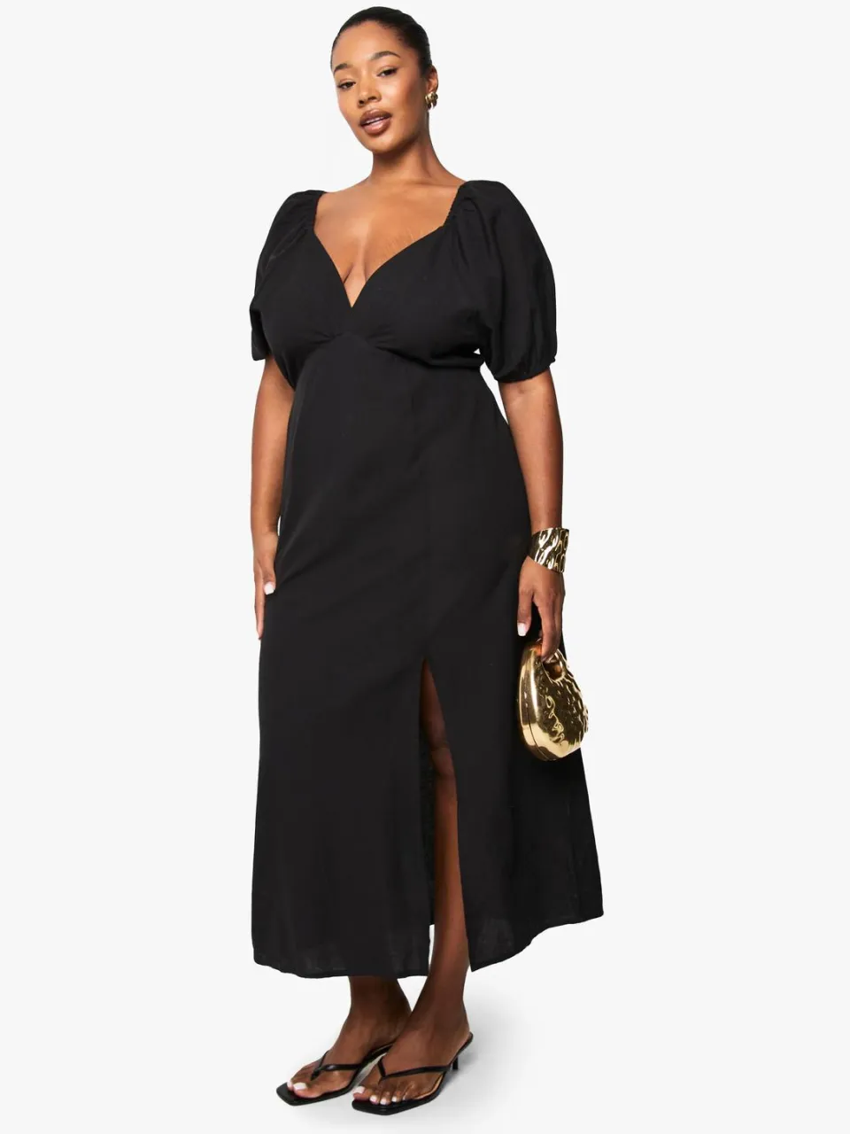 boohoo Dames Plus linnen-look midaxi-jurk met strik aan de achterkant en pofmouwen Zwart