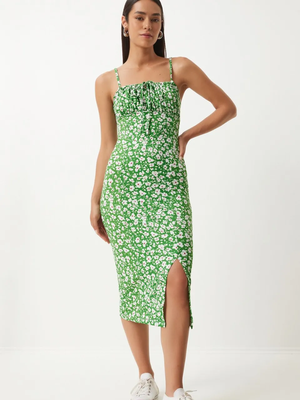 Happiness Istanbul Bloemige Bodycon Midi-jurk met Splits groen, foto 2