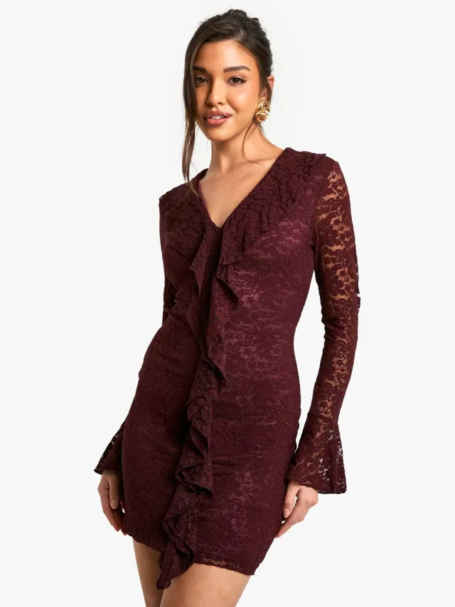 boohoo Dames Lace Ruffle Flare Sleeve Mini Dress Pruim