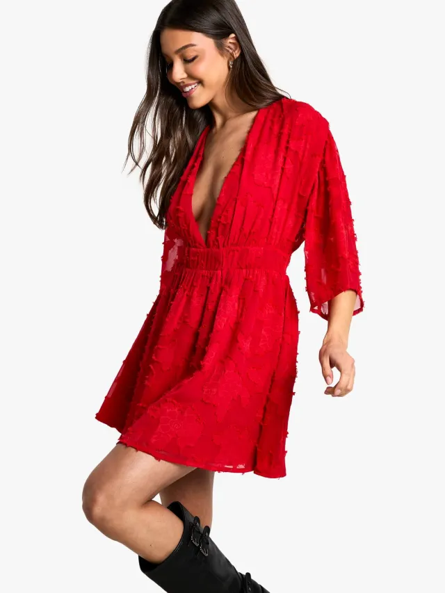 boohoo Dames Burnout Bloemen Plunge Skater Jurk Rood