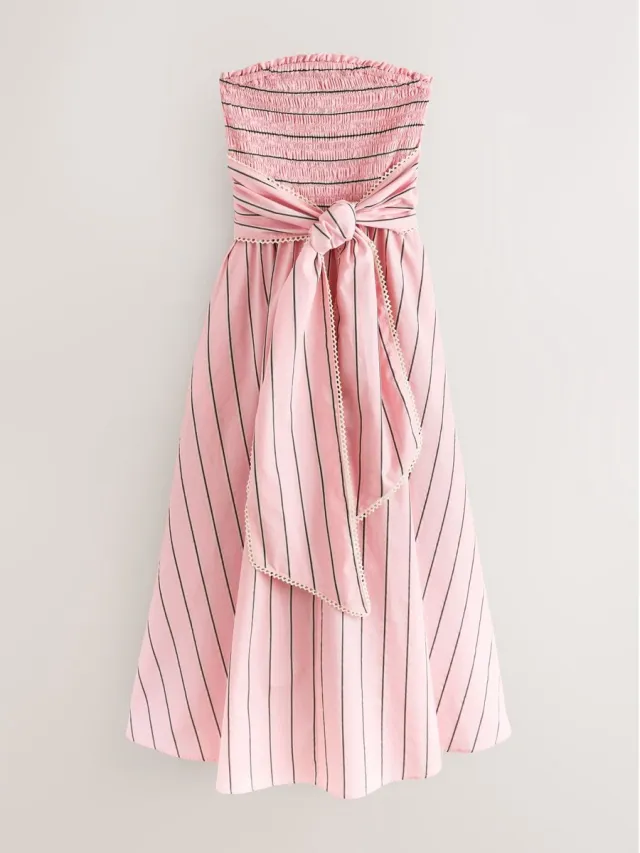 Next Dames - Gesmokte bandeau-midi-jurk voor speciale gelegenheden - Roze Pink Stripe