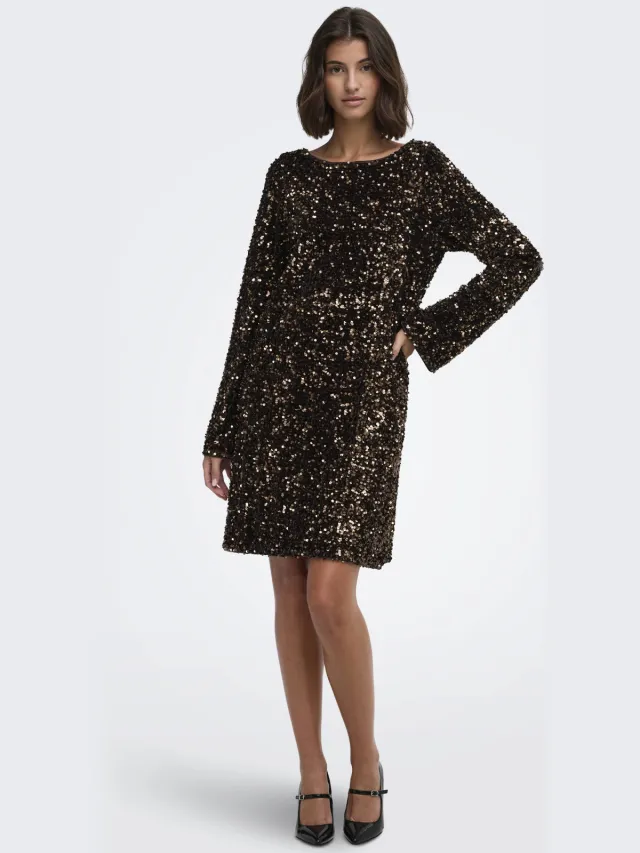 Only paillettenjurk donkerbruin/goud