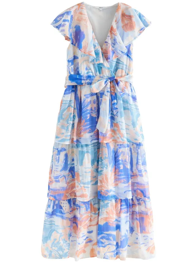Next Dames - Midi-jurk met ruches en V-hals, voor speciale gelegenheden, petite - Petite - Blauw Blue/Orange Scene Print