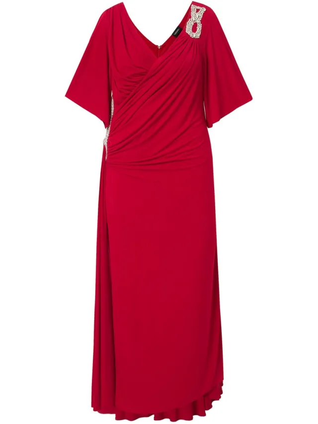 Ulla Popken Dames - Maxi-jurk drapering siergespen klokmouwen - Lichtrood
