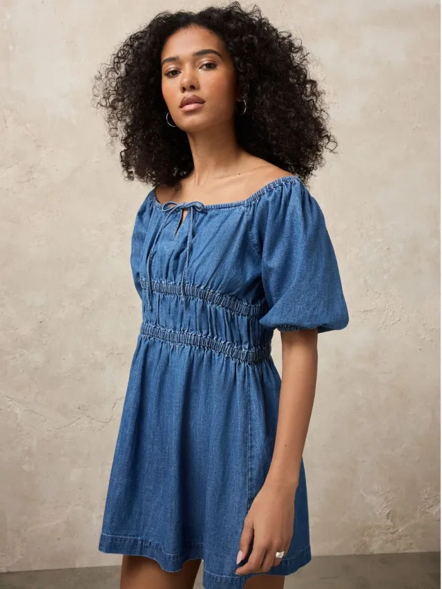 Next Dames - Denim mini-jurk met pofmouwen - Blauw Mid Blue