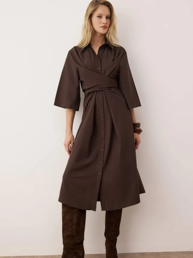 Trendyol TRENDYOLMİLLA Dames Bruin Effen Midi Driekwart mouw Casual Blousejurk Jurken Donkerbruin