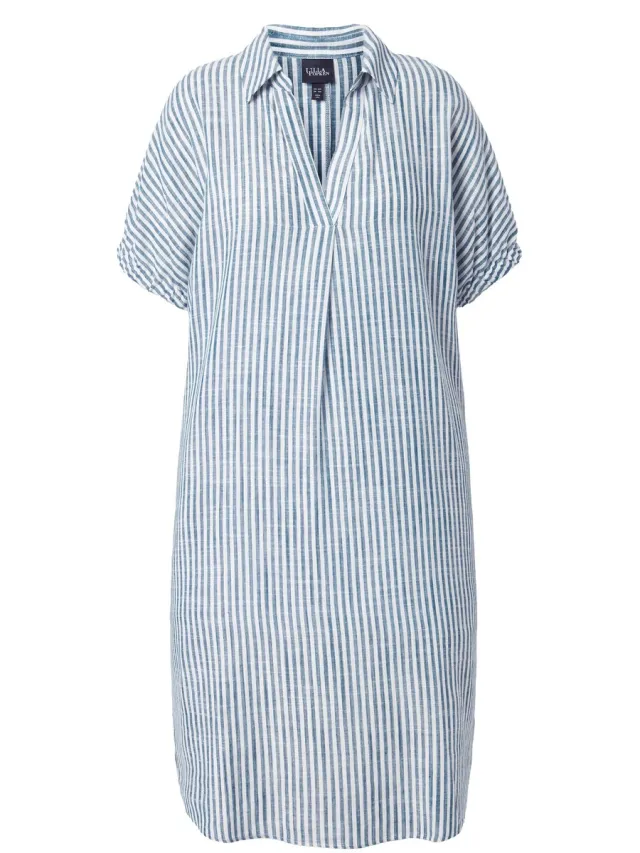 Ulla Popken Dames - Jurk van linnenmix strepen oversized overhemdkraag - Petrol - Maat 46+