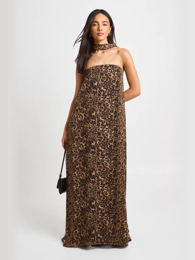 boohoo Dames Luipaardprint Maxi Jurk Met Sjaaldetail En Trapeze Model Tot Op De Grond