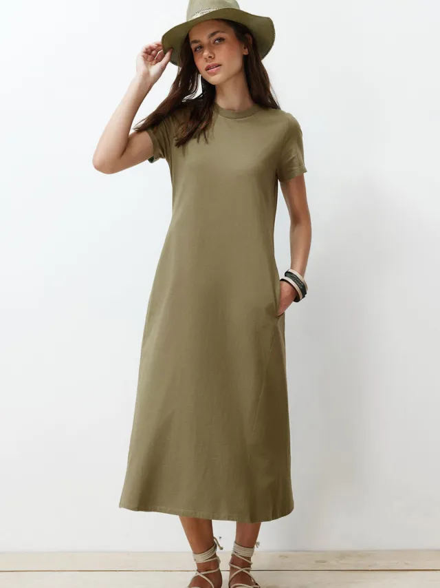 Trendyol TRENDYOLMİLLA Dames Kaki Effen Midi Kort Casual A-lijn Jurken