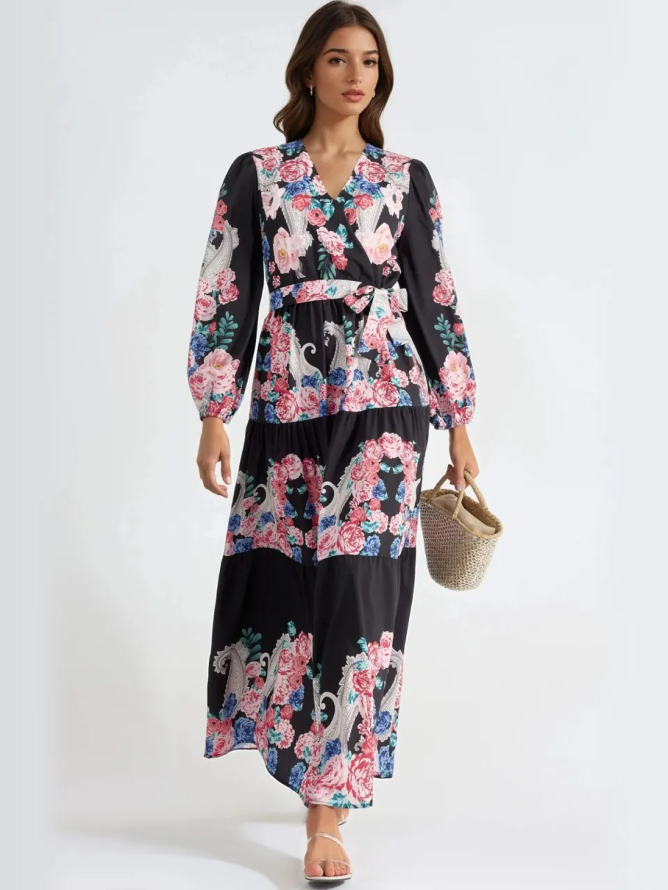 MSN Collection Bloemen V-hals Maxi Jurk met Strik Detail zwart, foto 2