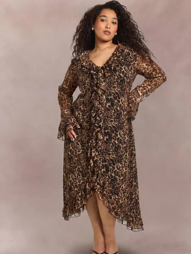 boohoo Dames Plus Chiffon Luipaard Ruffle Midaxi Jurk Luipaardprint