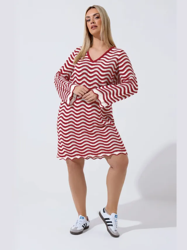 Limited Collection Rode Gestreepte Gehaakte Gebreide Jurk-52 Red