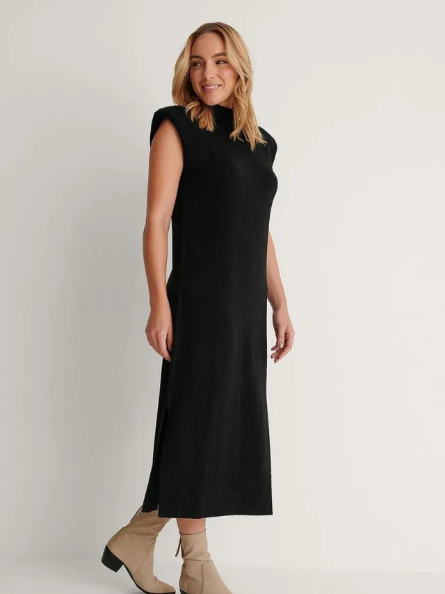 NA-KD Padded High Neck Midi Dames Jurk Zwart
