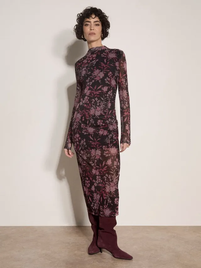 Apricot Midi-jurk van mesh met bloemenprint Zwart