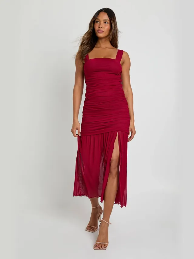 boohoo Dames Mesh Vierkante Halslijn Drop Waist Midaxi Jurk Bordeaux Rood