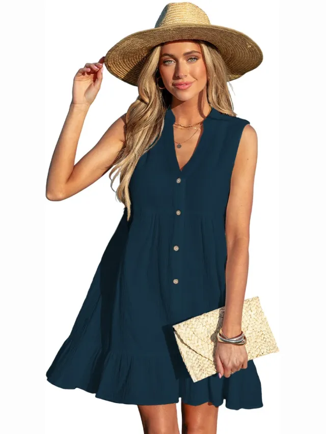 Cupshe Cover-up Jurk - Geweven Katoen - Gerimpelde Zoom - Mini - Dames - Blauw