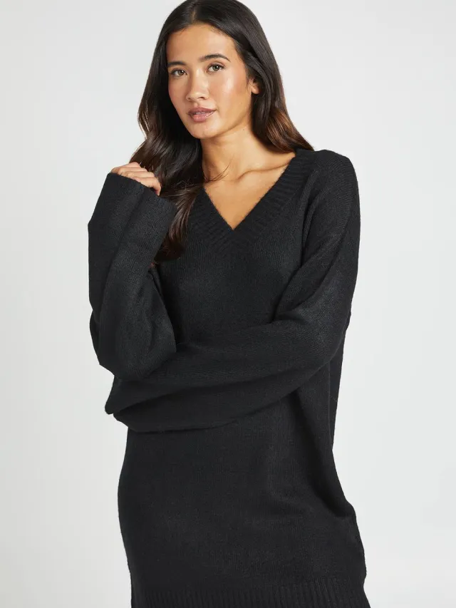boohoo Dames Super Zachte V-hals Gebreide Mini Jurk Zwart